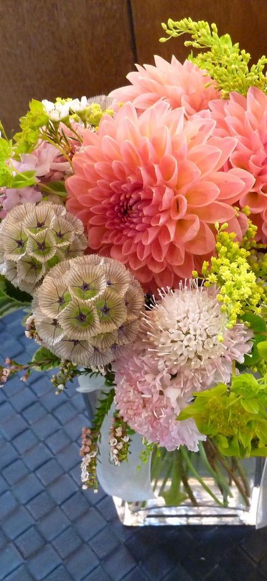 dahlias, tea tree, flowers, variety, vase, tray