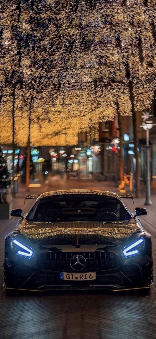 mercedes, amg, sports car, car, black, street, garland, evening