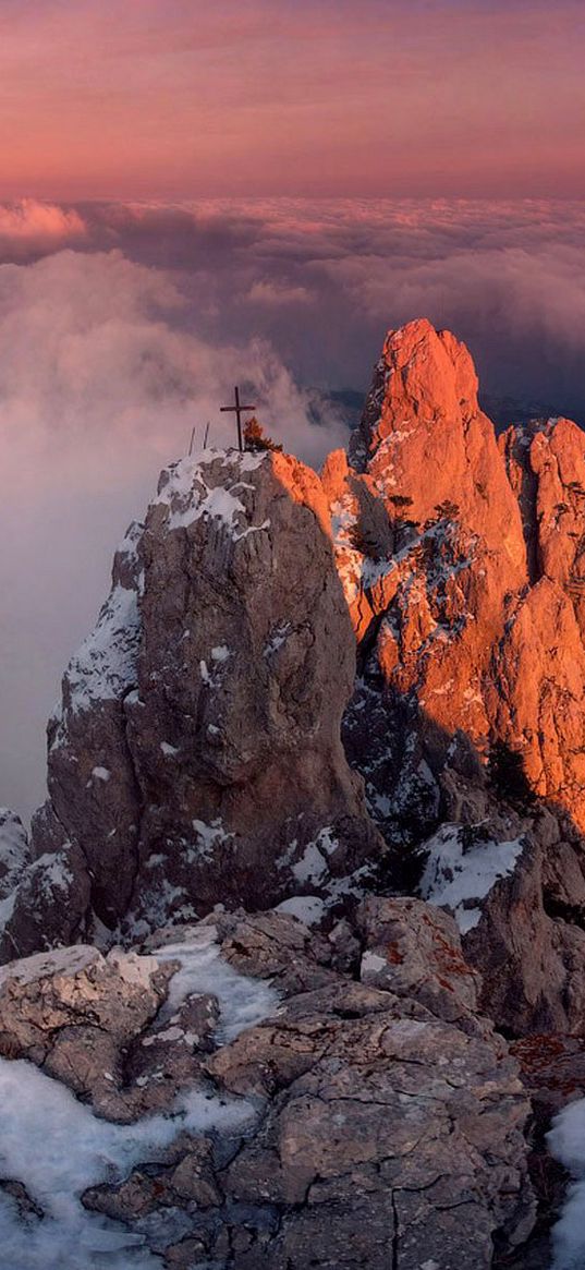 mountains, height, cross, clouds, snow, monument, memorial, grave, city, light