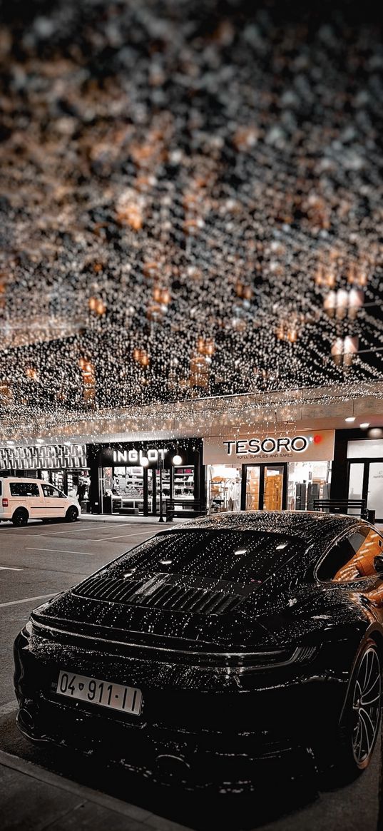 porsche, sports car, car, parking, shops, garlands, christmas decoration, night