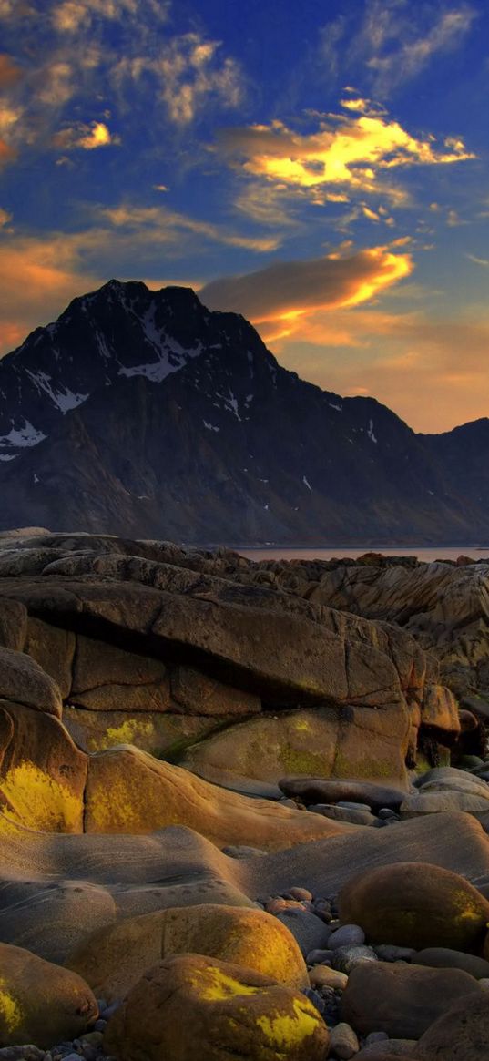 coast, stones, smooth, wet, sea, mountains, evening, sky