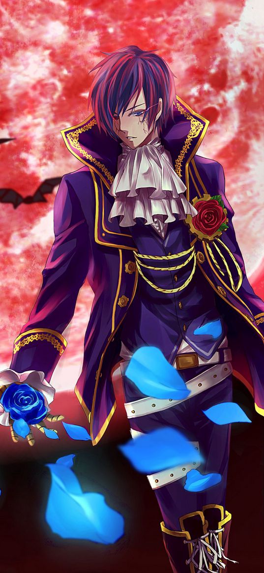 shion kaito, vampire, vocaloid, anime, guy, rose, petals, red moon, bats, art