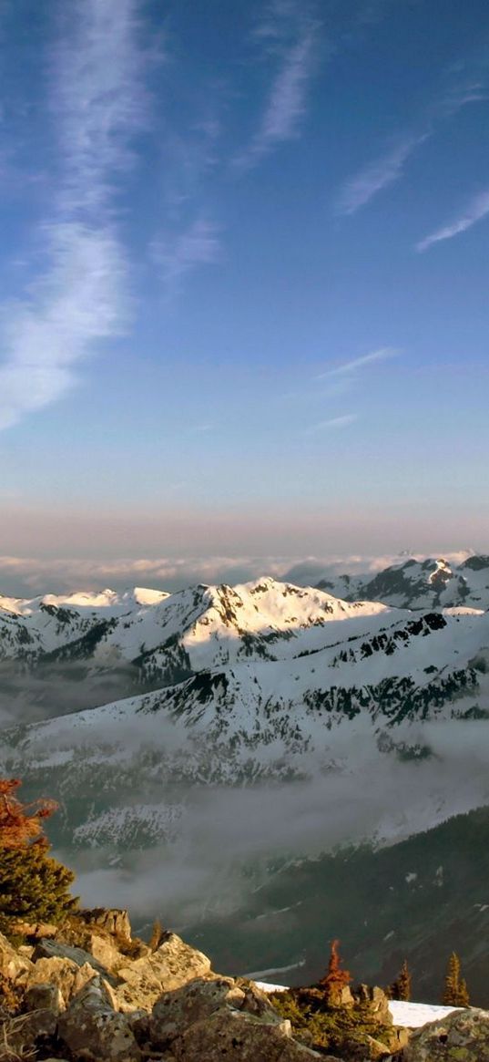 mountains, height, sky, clouds, stones, strips, freshness, tops, snow-covered, solarly