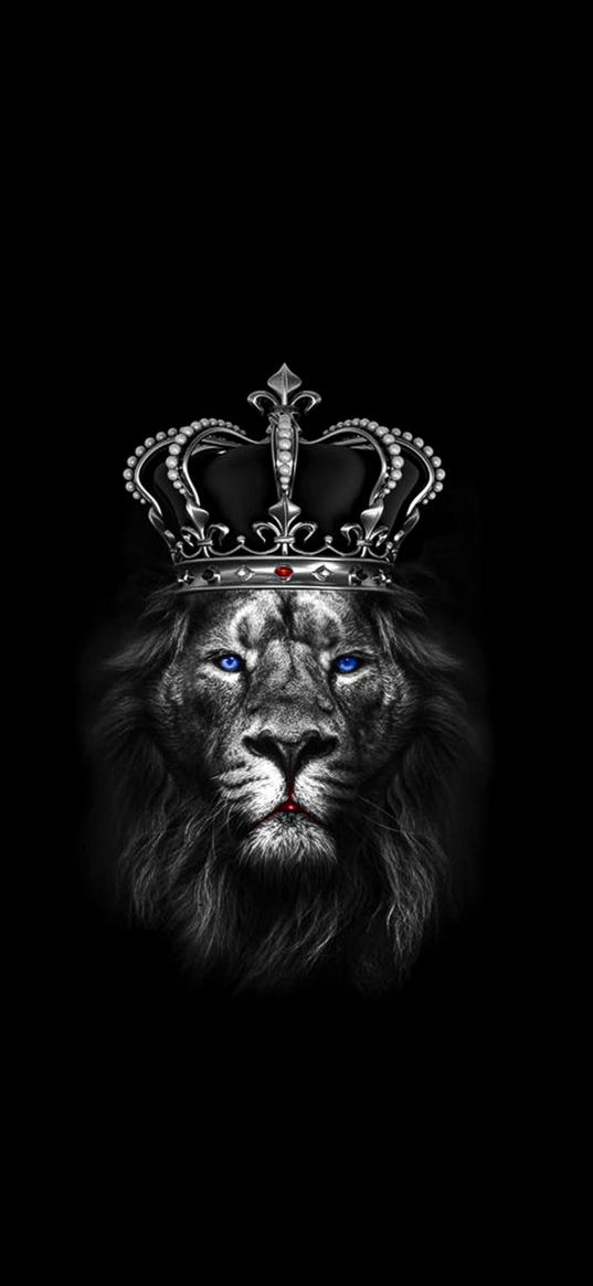 lion, crown, predator, blue eyes, black and white, black background, art