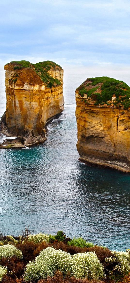 rocks, coast, island, bushes, vegetation, open space, horizon, distance, emptiness