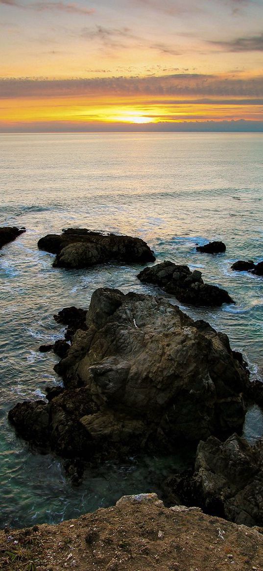 rocks, reeves, coast, sea, horizon, sun, evening, decline, emptiness, sky, grass, look, landscape