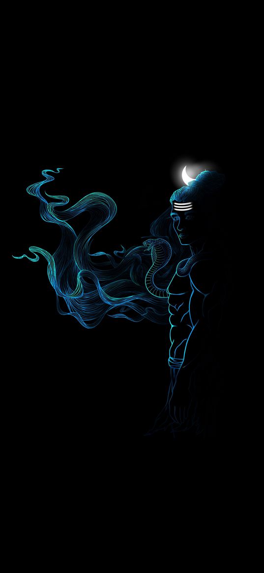 shiva, god, moon, snake, blue, black background, hinduism, india, art