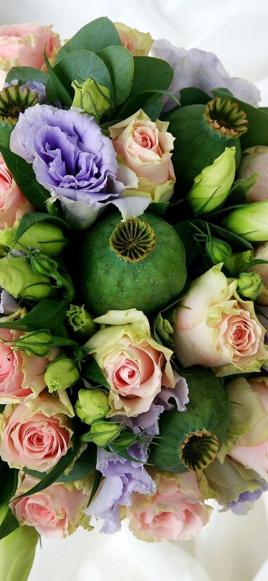 roses, lisianthus russell, poppy, pods, bouquet