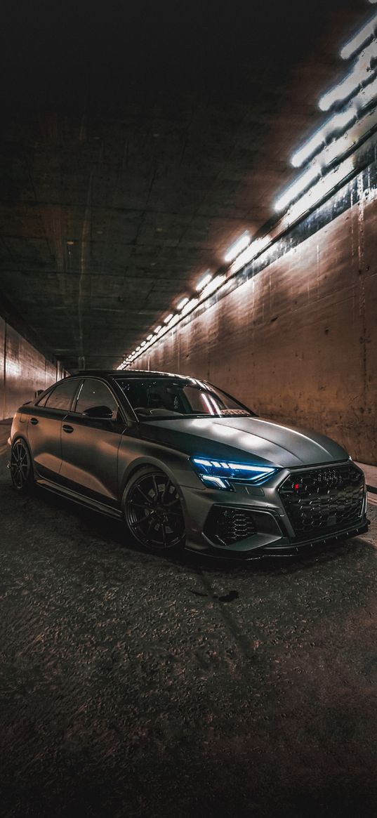 audi rs3, audi, sports car, car, gray, tunnel, lights