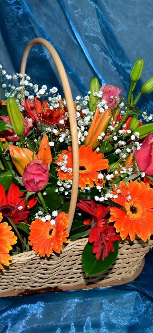 gerberas, roses, lilies, gypsophila, basket, composition, fabric