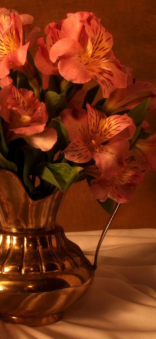 alstroemeria, bouquet, pitcher, fabric