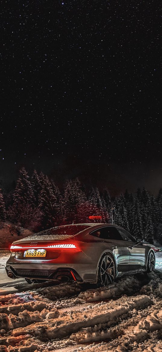 audi rs7, stars, snow, lights, night, sport car, trees