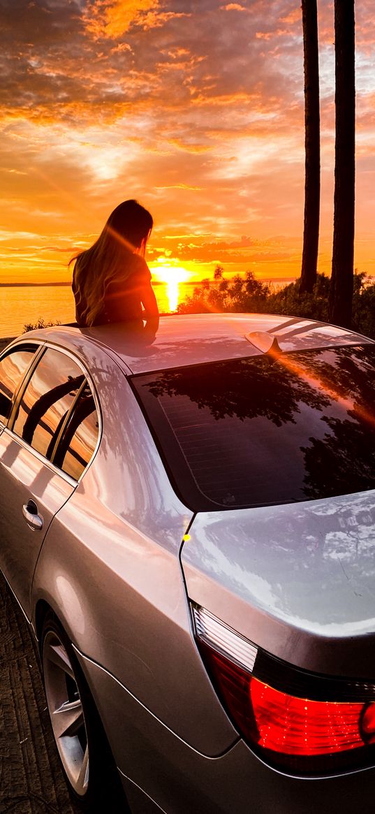 bmw, car, girl, sunset, sun rays, grey, orange