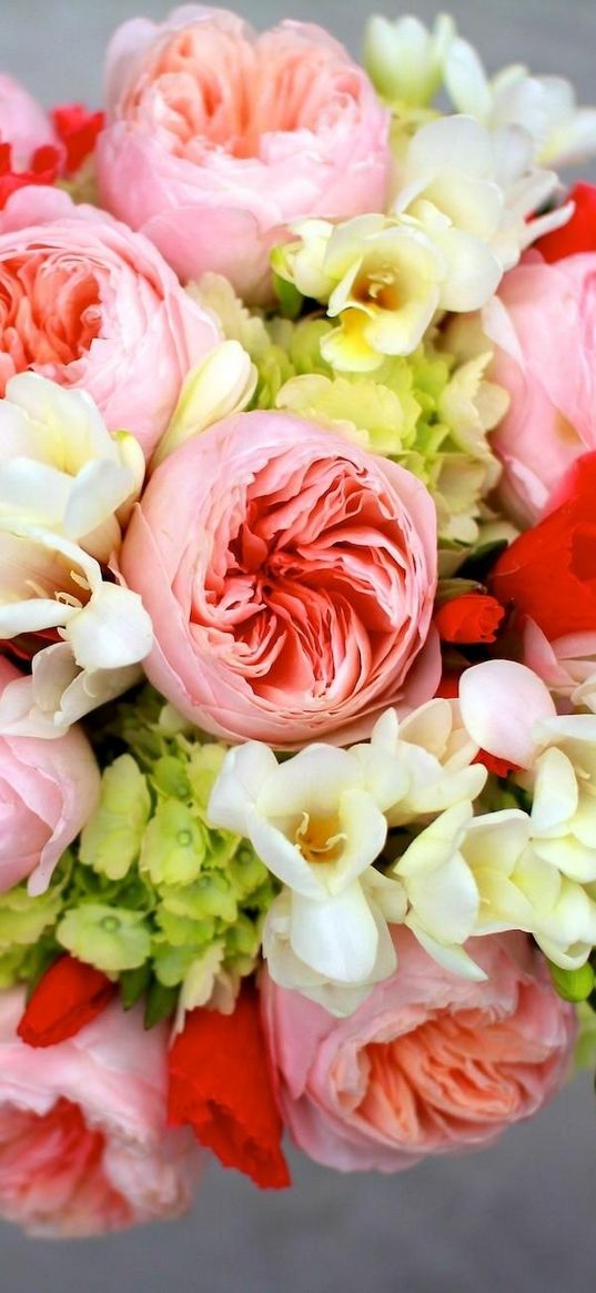 peony, freesia, hydrangea, lisianthus russell, bouquet