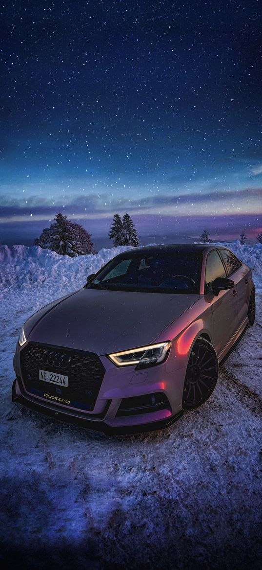 audi rs3, car, snow, starry sky, purple, blue