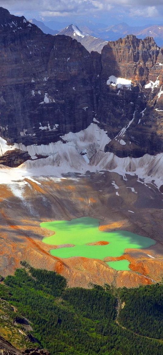 mountains, lake, green, water, thawing, tops, height, shadow, from above