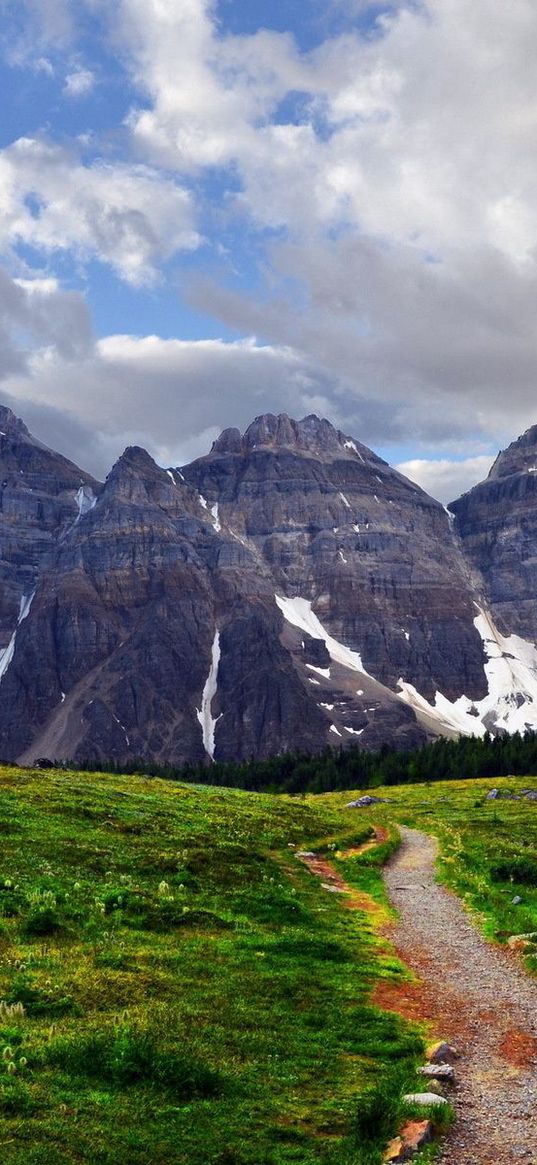 track, mountains, rocks, green, gray, grass, contrast, clouds, sky, white