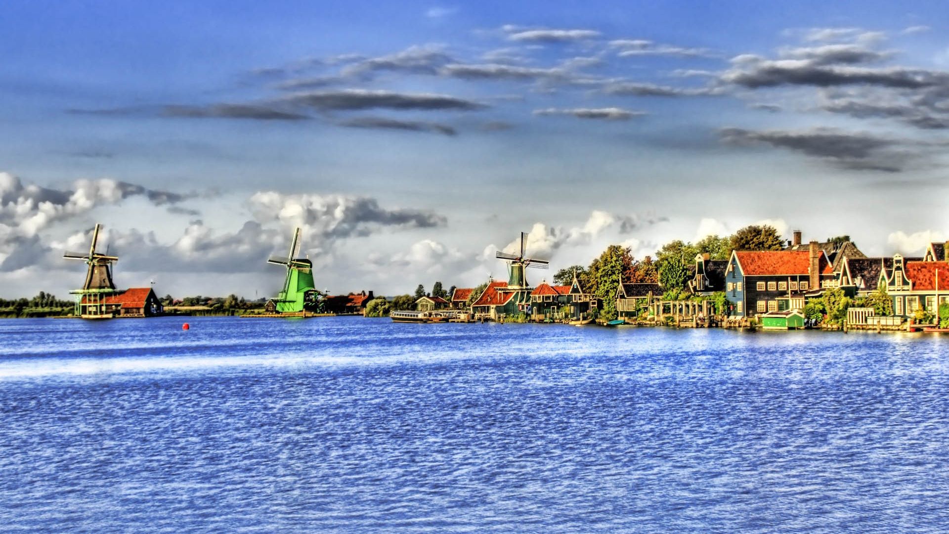 river, bank, mill, sky, hdr