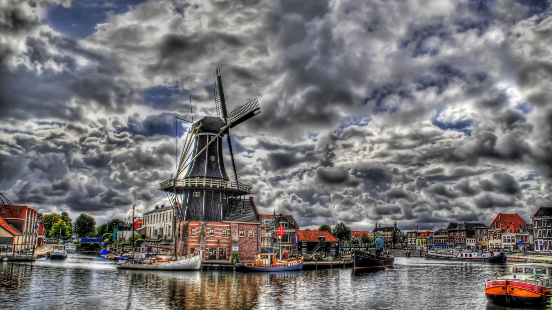 mill, sky, clouds, buildings, hdr