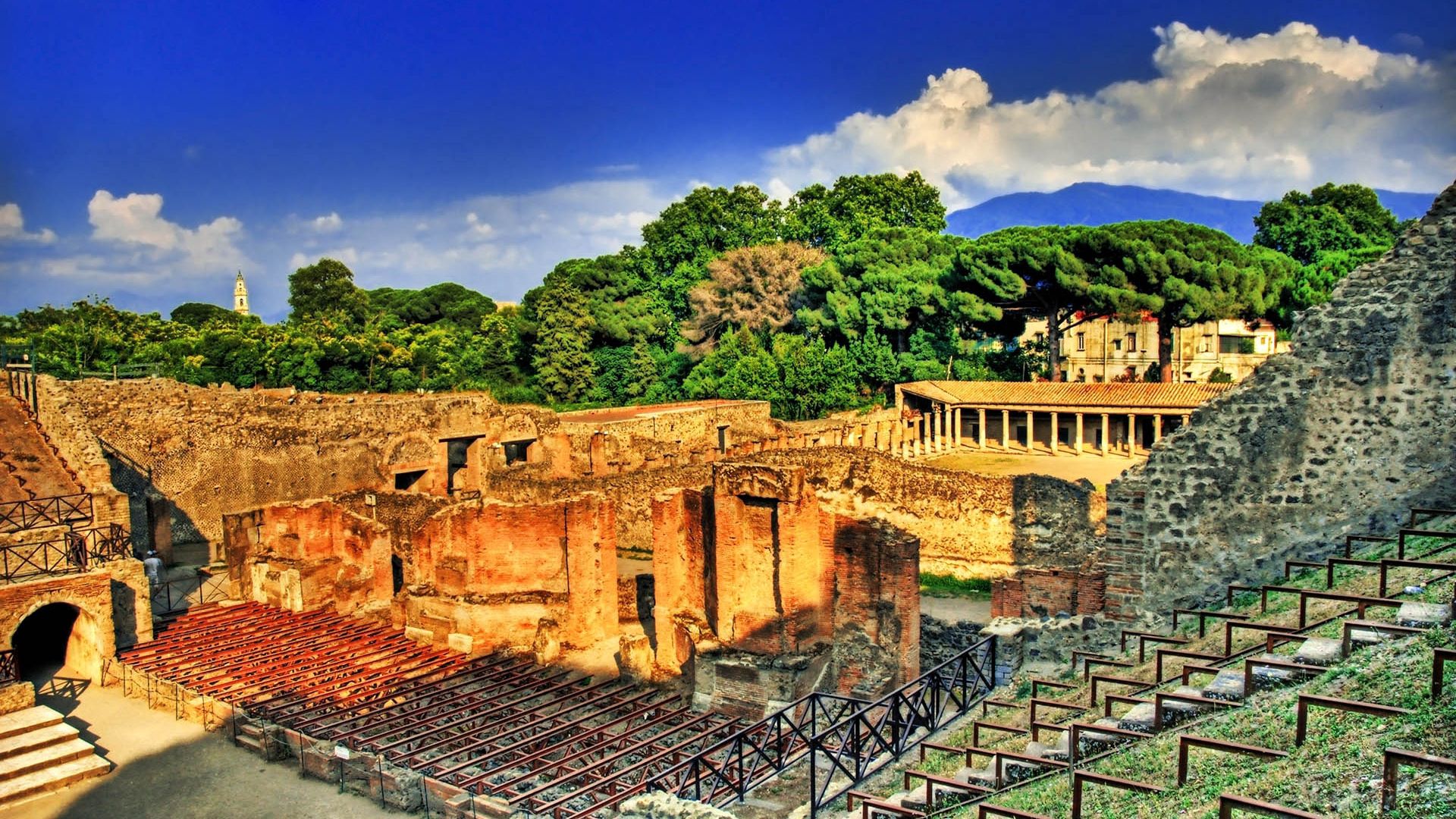 greece, rome, ruins, stairs, sky, trees, day, hdr