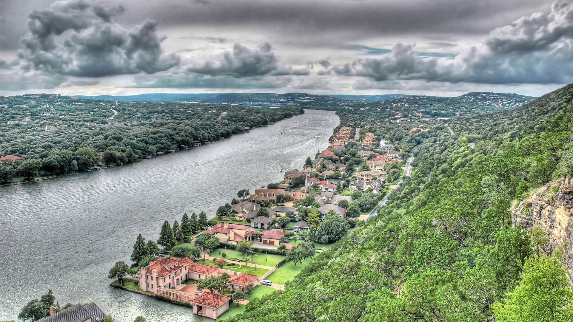 buildings, river, hills, sky, beach, trees, hdr