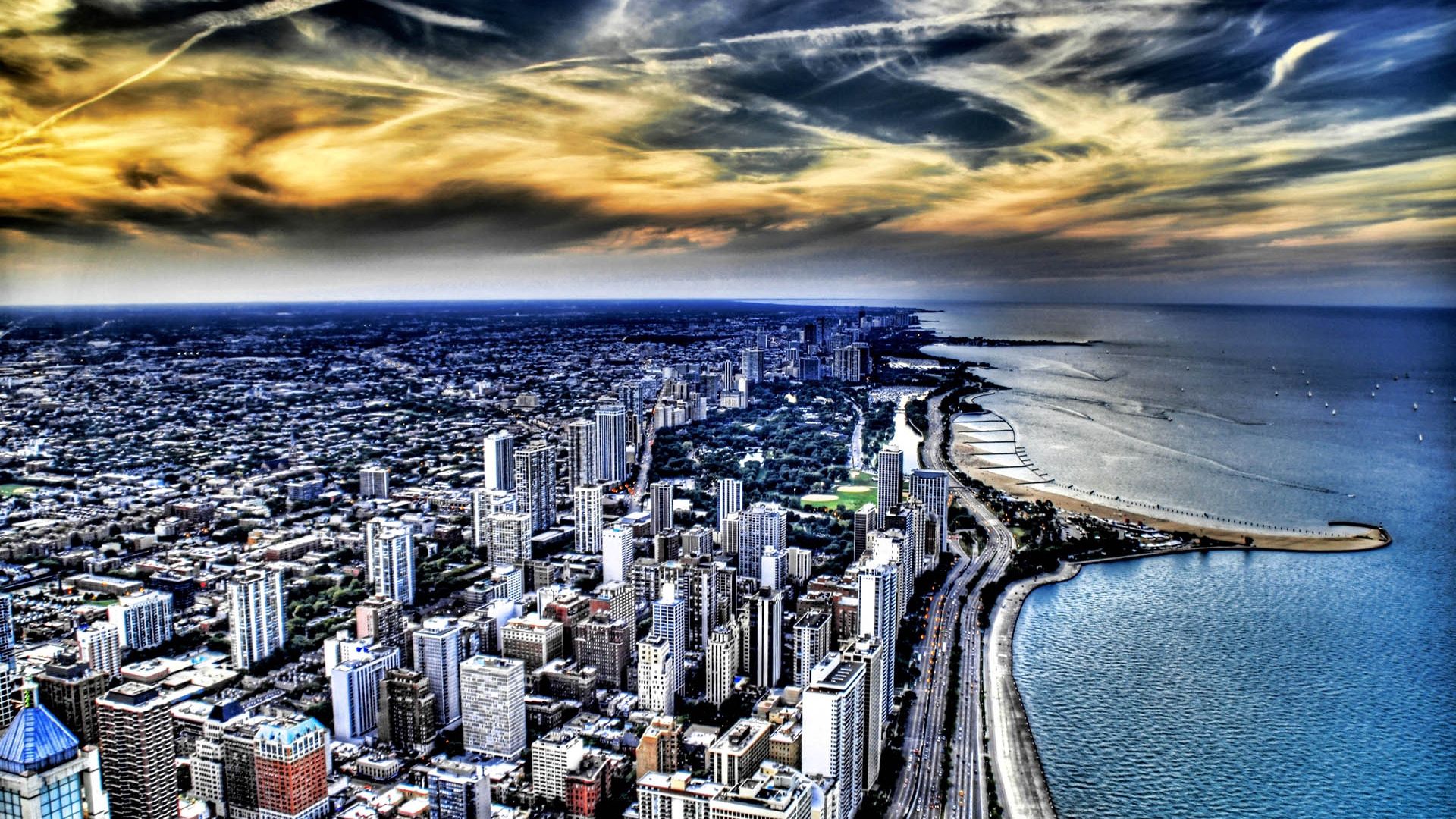 chicago, beach, ocean, buildings, skyscrapers, top view, hdr