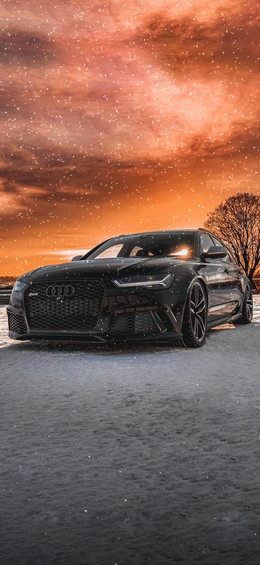 audi rs6, car, snow, winter, sky, orange, black