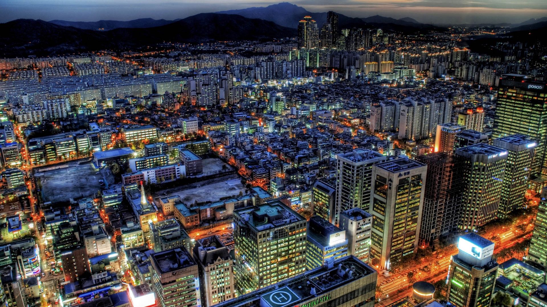 south korea, skyscrapers, top view, hdr