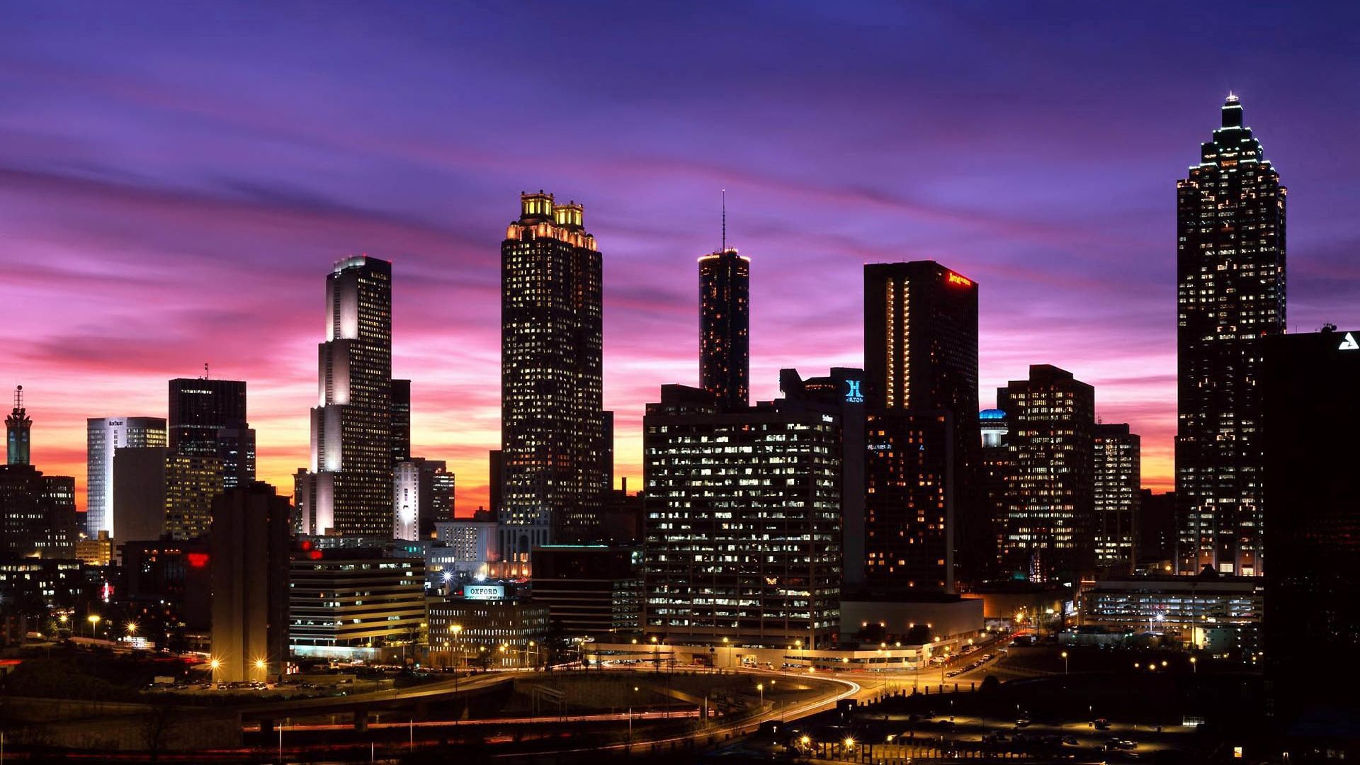 skyscrapers, sky, night, lights, buildings, panorama