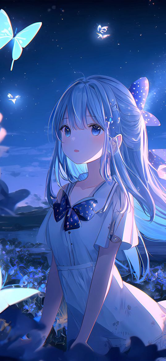 girl, butterflies, night, anime