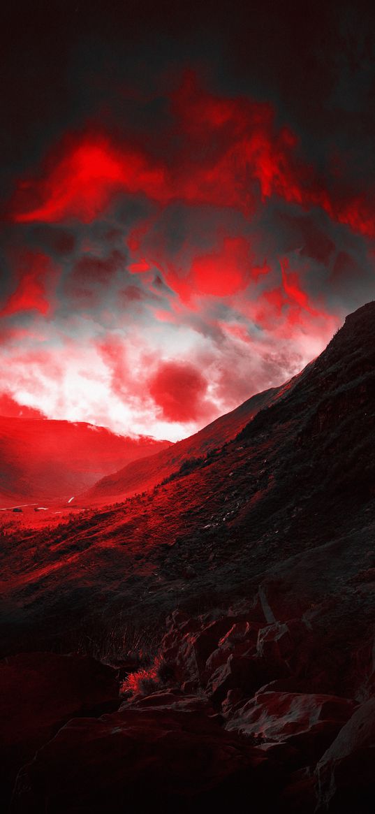 hills, clouds, slope, sunset, red, nature