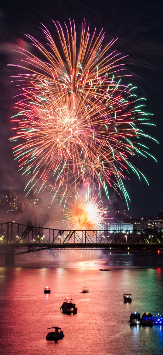 fireworks, salute, holiday, night, city, river