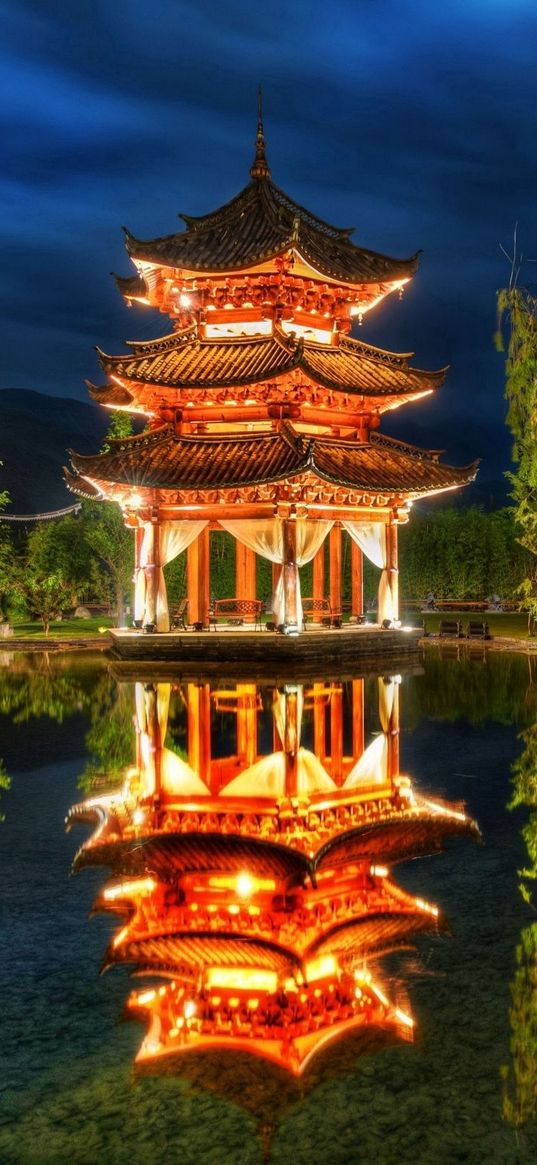 china, forest, lake, night, sky, pagoda