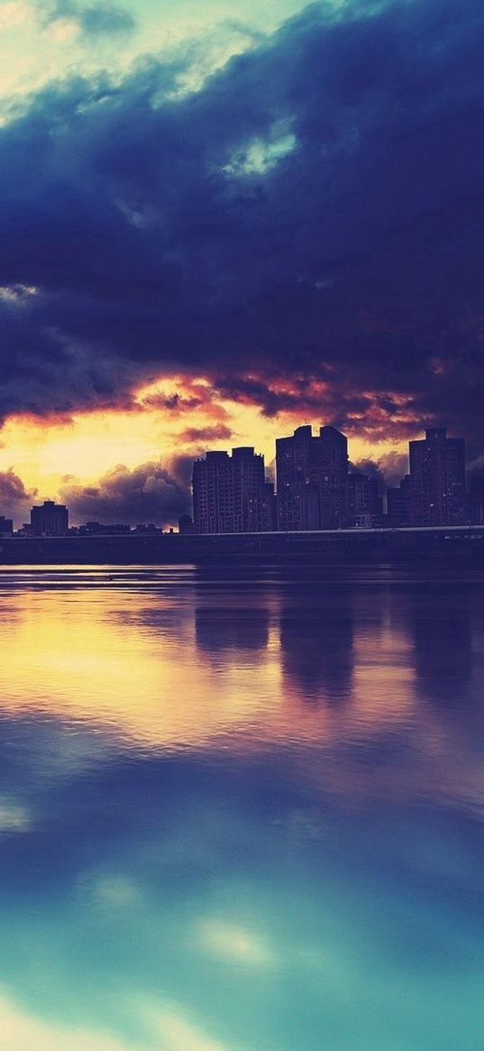 city, skyline, river, buildings, clouds