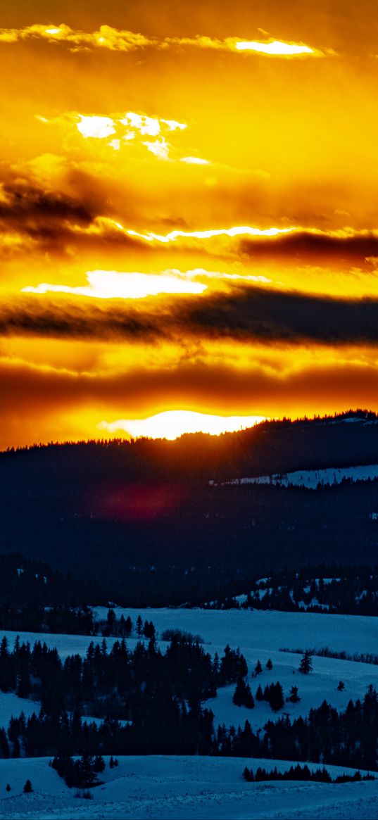 mountains, sunset, snow, winter, dusk, landscape