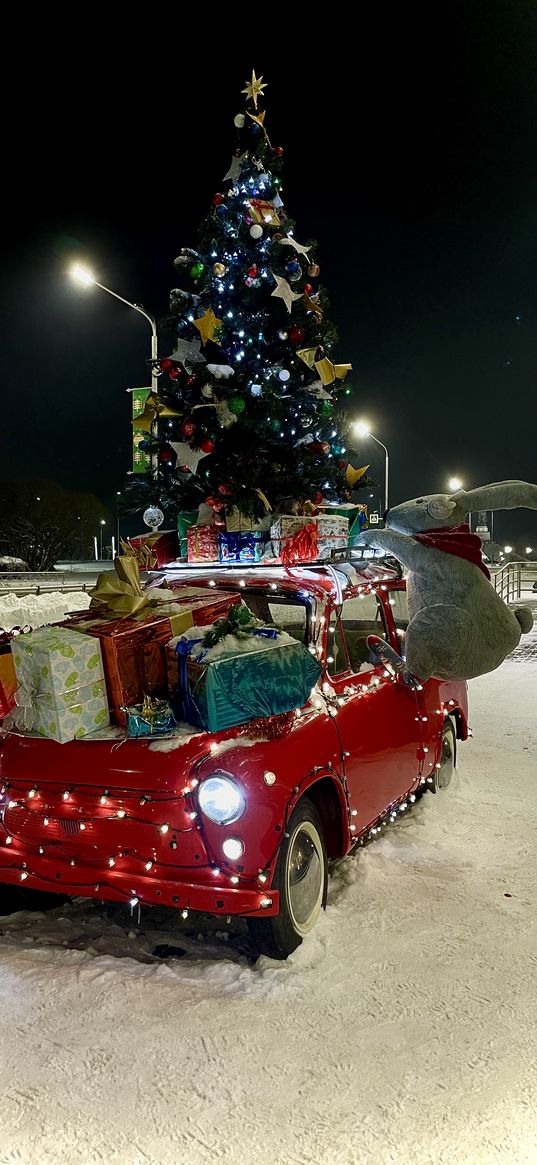 car, red, gifts, christmas tree, rabbit, snow, winter