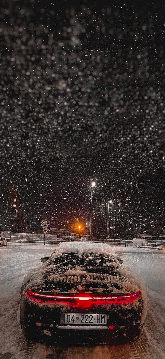 porsche 911, porsche, car, sports car, black, snow, winter, night