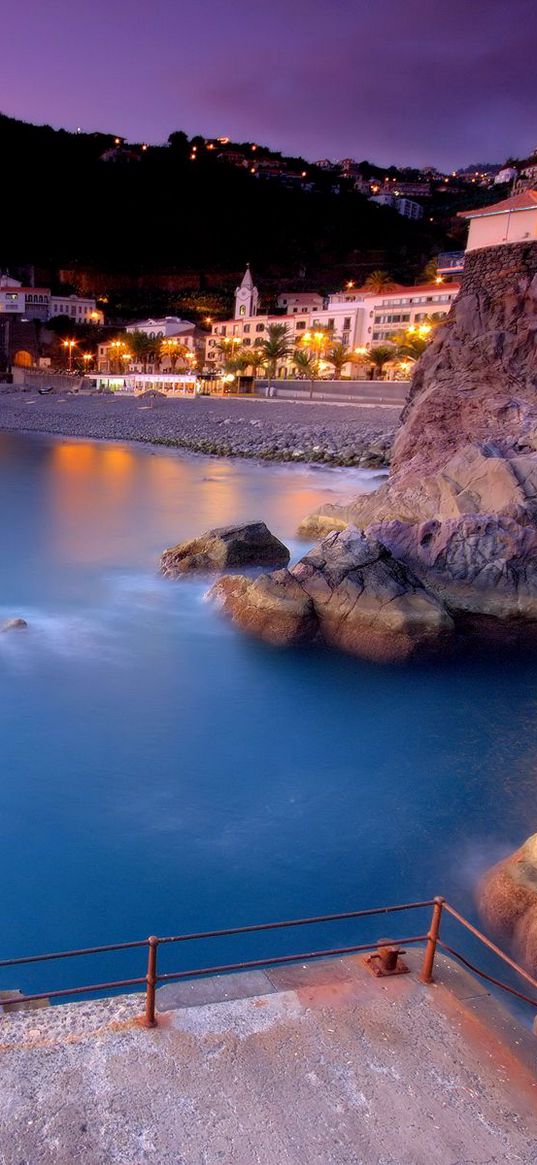 portugal, madeira, island, beach, sunset, buildings, mountains