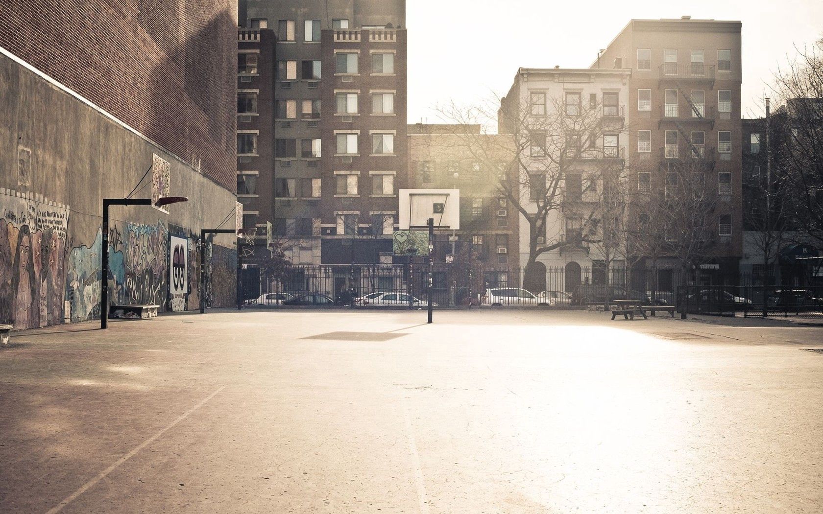 basketball, basketball court, wall, building