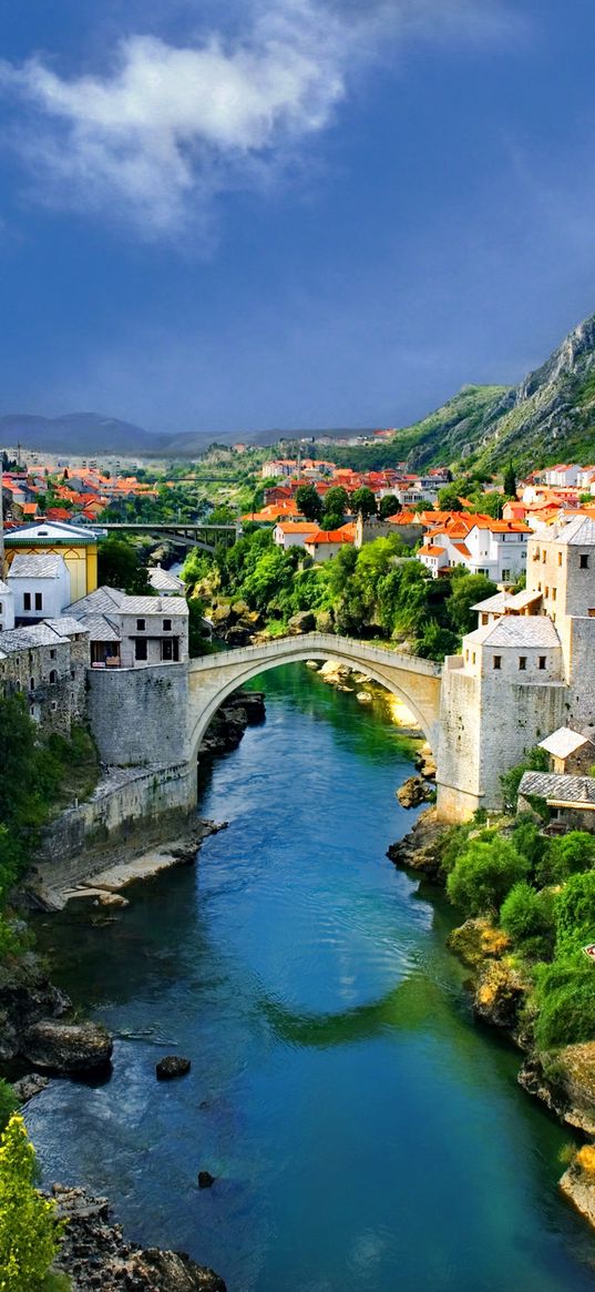 alpine, town, mountains, houses, bridge, river, trees, nature, landscape