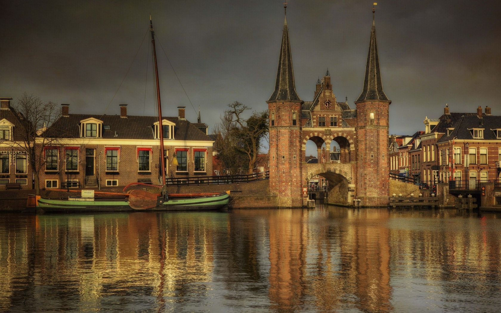 river, bridge, houses, watches, boat