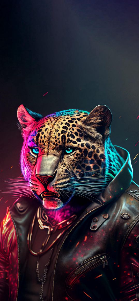 leopard, cool, brutal, jacket, light, sparks, predator, animal, art