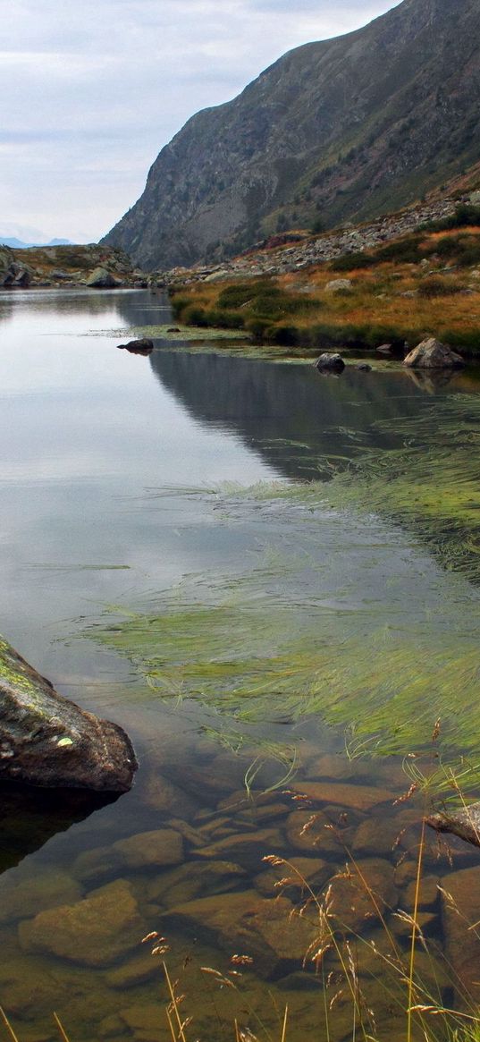 mountains, the lake, stones, algas, under water, blocks