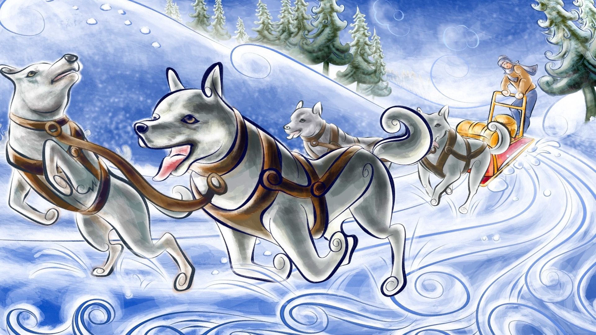 figure, dog, wagon, sled, snow, running