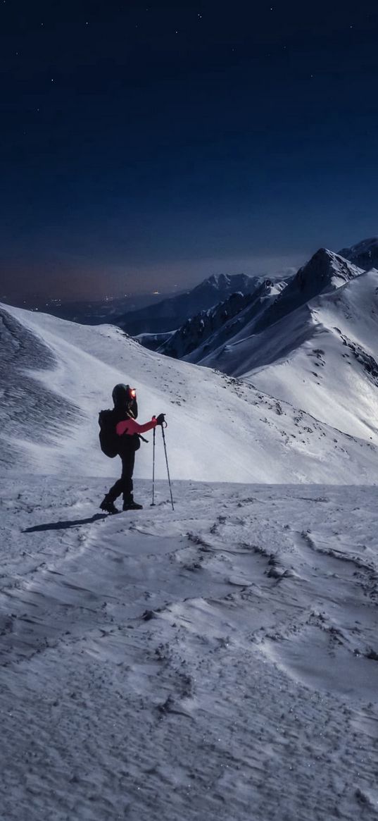 skier, skiing, mountains, snow, winter, stars, sky, landscape, nature