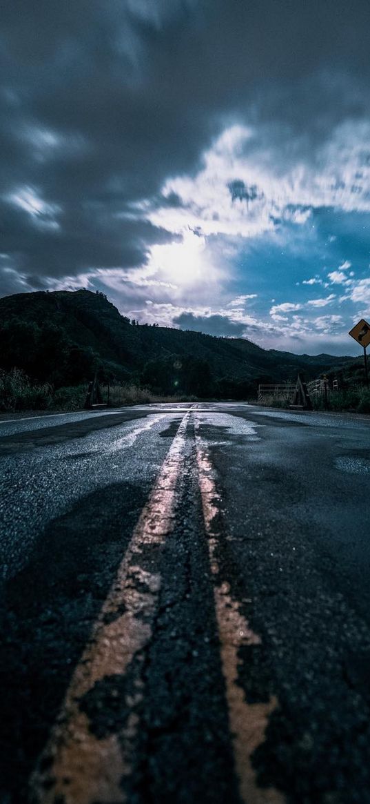 road, road sign, trees, hills, clouds, sky, nature