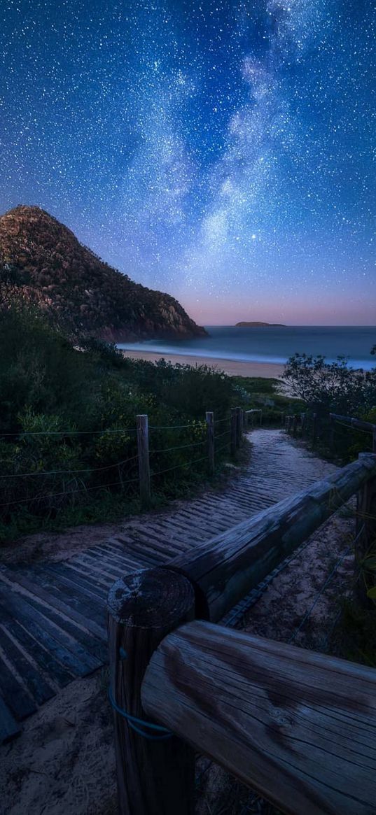 pathway, beach, shore, sea, mountain, milky way, starry sky, stars, night, nature