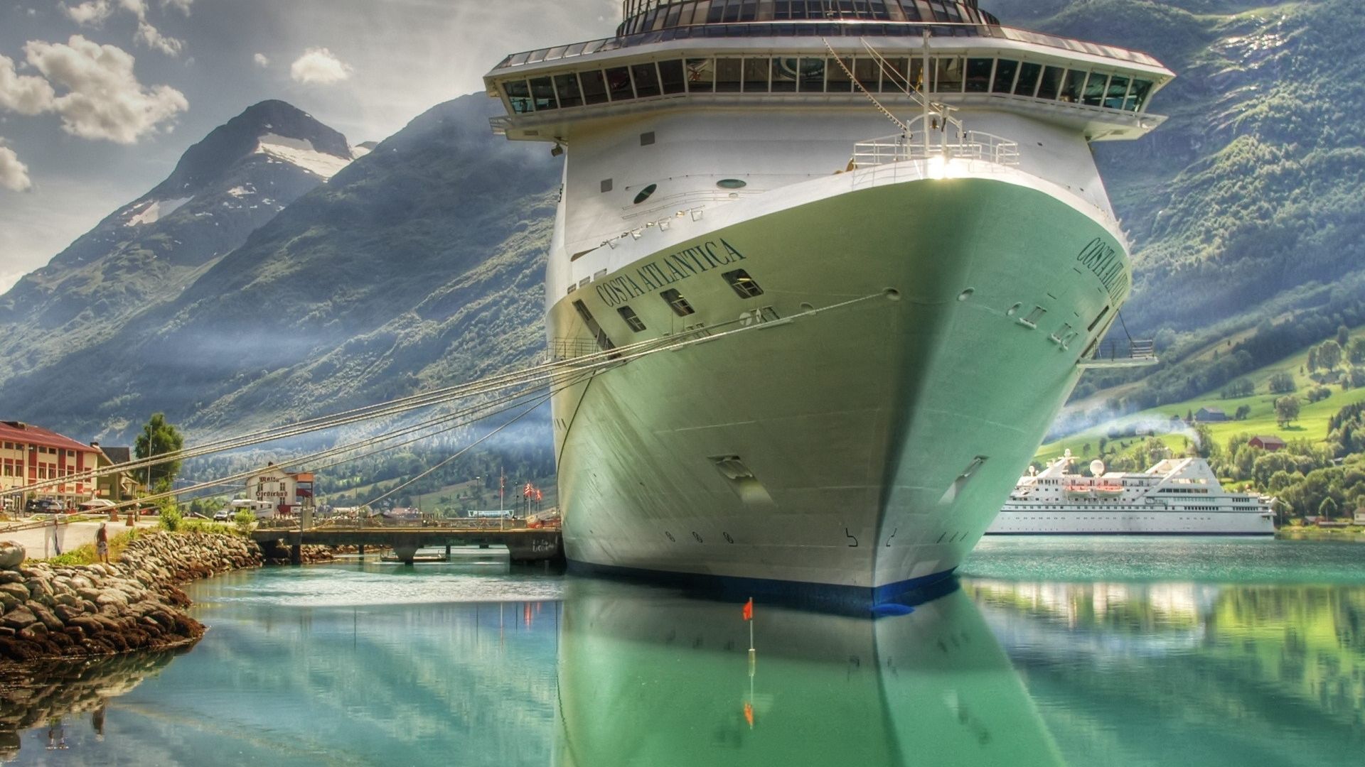 ship, huge mountains, sea