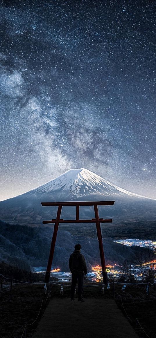 man, lonely, torii, gate, peak, city, lights, mountain, milky way, starry sky, night, landscape