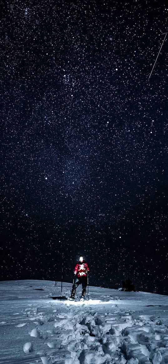 skier, flashlight, footprints, mountain, snow, starry sky, stars, night, nature